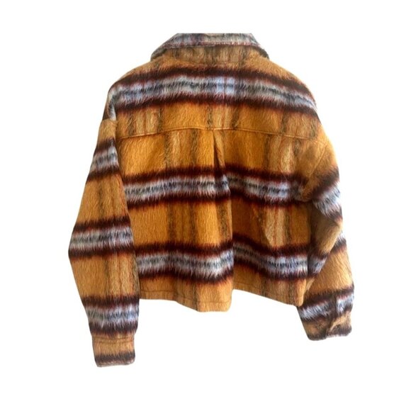 Vigoss M Brushed Plaid Crop Jacket Faux Fur Aztec Western Shacket Chest Pocket - Picture 9 of 16